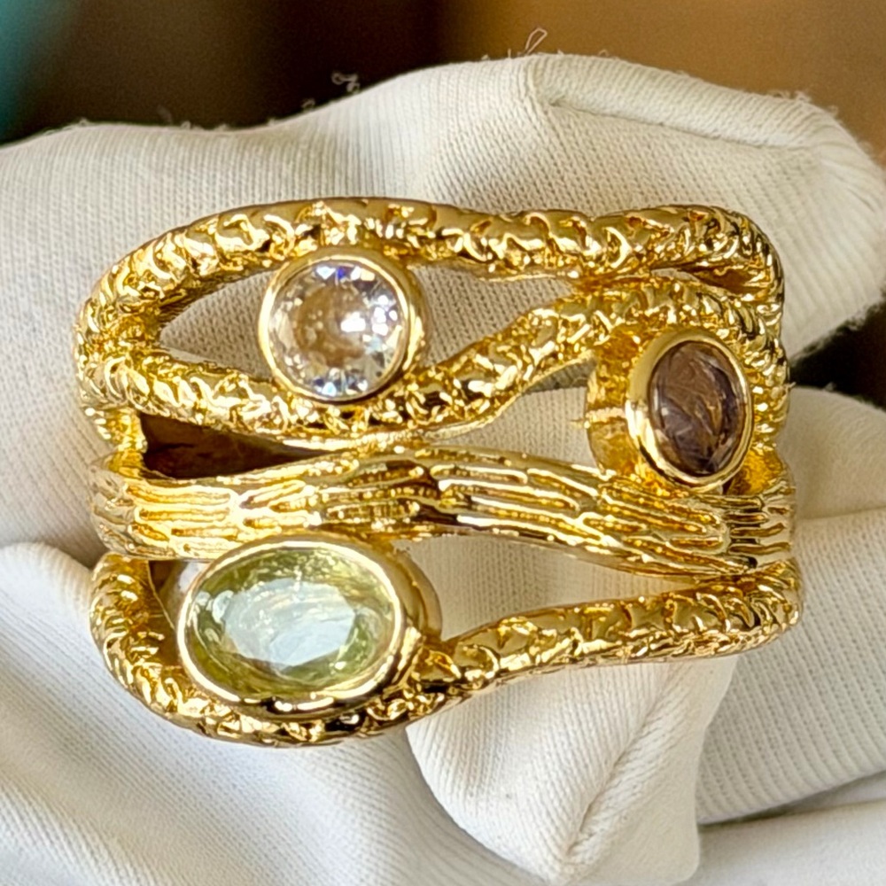 New Golden Tone Handcrafted Asymmetrical geometric design multi colored gems 7